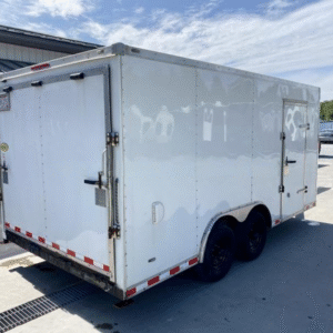 USED 2020 Bravo Trailers 8.5x16' Enclosed Car Hauler 9990# GVW * RAMP DOOR * 6'6" INTERIOR * WHITE * SIDE DOOR * ADJUSTABLE COUPLER * TRIPLE TUBE TONGUE * REAR STAB JACKS