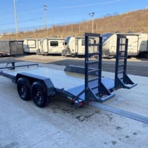 2024 Lamar 7x18' Equipment Trailer 14000# GVW * DELUXE OVERWIDTH RAMPS W/ HEAVY MESH * CHARCOAL POWDERCOAT * RUBRAIL/STAKE POCKETS/PIPE SPOOLS/D-RINGS * REM FENDERS * 12K JACK * CAST COUPLER * SPRING ASSIST * COLD WEATHER HARNESS