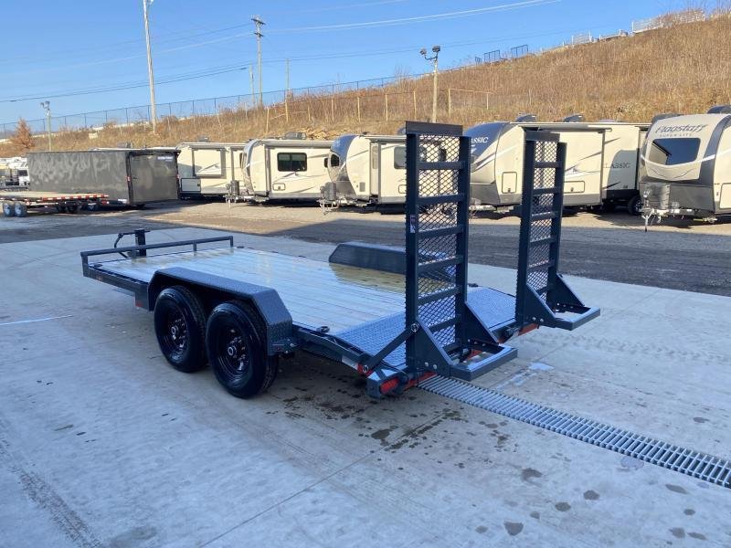 2024 Lamar 7x18' Equipment Trailer 14000# GVW * DELUXE OVERWIDTH RAMPS W/ HEAVY MESH * CHARCOAL POWDERCOAT * RUBRAIL/STAKE POCKETS/PIPE SPOOLS/D-RINGS * REM FENDERS * 12K JACK * CAST COUPLER * SPRING ASSIST * COLD WEATHER HARNESS