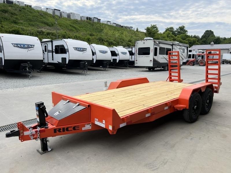 2024 Rice 7x18' Equipment Lowboy Trailer 14000# GVW * ORANGE POWDERCOAT * STAND UP WEDGE RAMPS * TOOLBOX * LED'S * 6" TONGUE AND FRAME * TREADPLATE BEAVERTAIL * DROP LEG JACK * ADJUSTABLE COUPLER